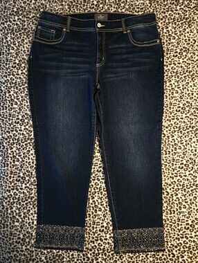 Chico's So Slimming Embellished Dark Wash Denim Crop Jeans, Size 2.5 (L/14), EUC